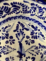 Talavera Puebla Mexico Hand Painted Bowl & 2 Plates Platter Set Blue Floral
