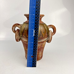 Vintage Mexican Terracotta Pottery Vase, Brass Copper Overlay Loop Handles, 8″