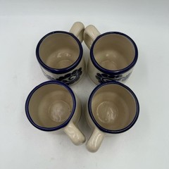 Set Of 4 Talavera Mexican Studio Folk Art Pottery Mugs Saucer Cobalt Blue Floral