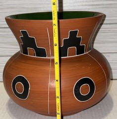 Mexican Folk Art Pottery Flower Pot Vase Large Hand Crafted Mayan Designs 7”