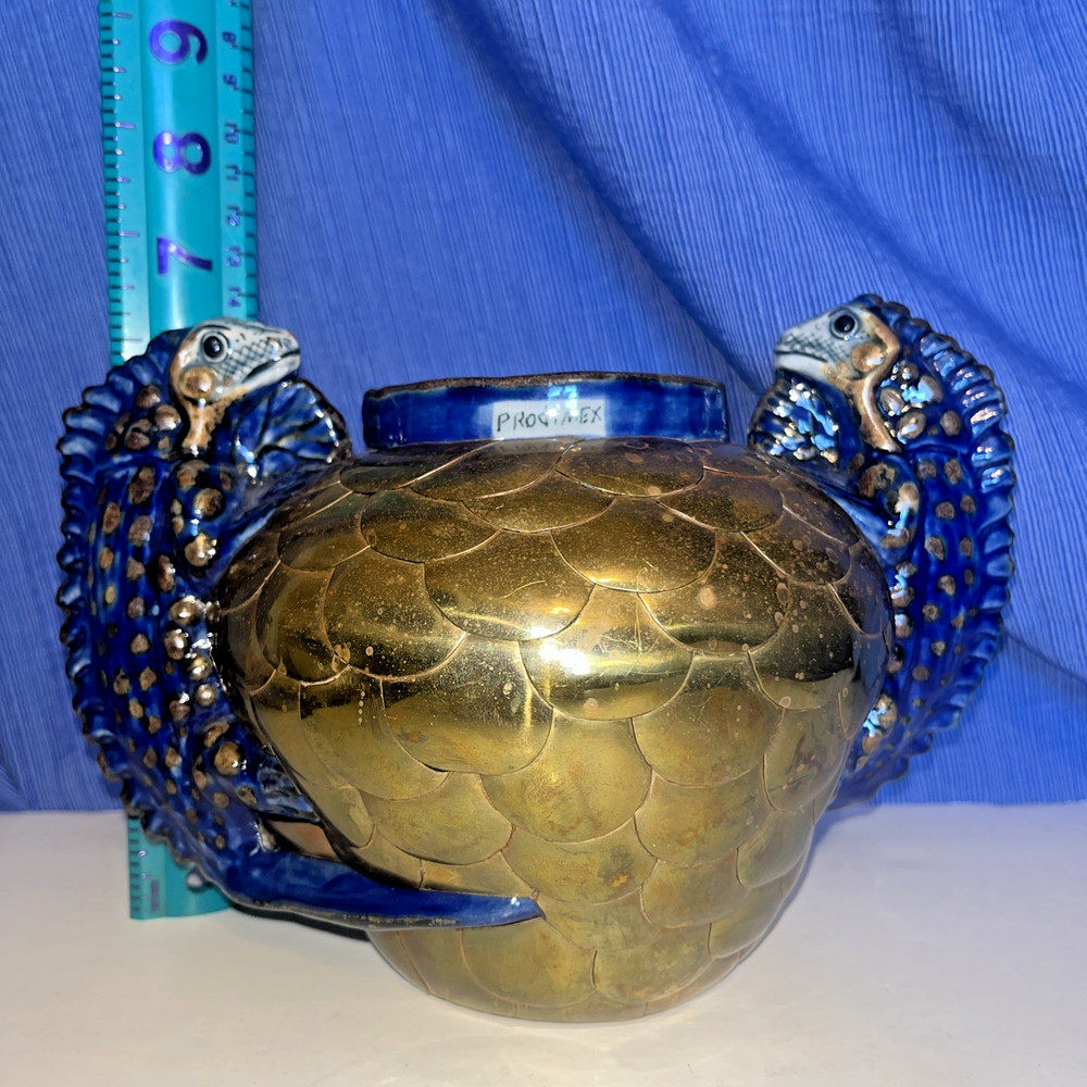 Sergio Bustamente Style Mexico Art Pottery Brass Scales Iguana Handle Vase