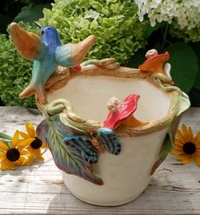 Cream Color Flower Pot Hummingbird Nest Butterflies Handmade Tonala Mexican Art