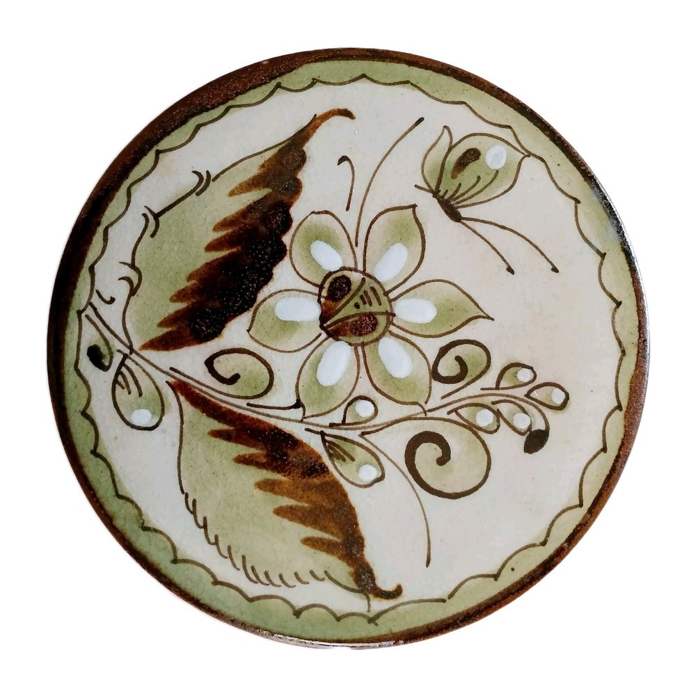 Ken Edwards Pottery Mexico Single Coaster Flower And Butterfly 4.5″ Some Crazing