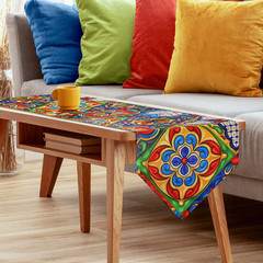 Mexican Talavera Ceramic Tile Pattern Linen Table Runners Dinner Table Setting