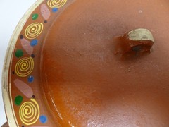 Mexican Tlaquepaque Bean Pot Red Clay Spiral Glazed 10″ Single Handle w Lid