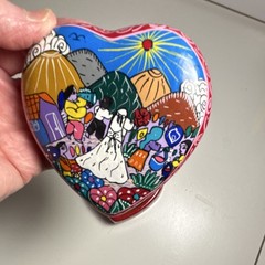 Vintage Mexican Hand-Painted Heart-Shaped Pottery Box Folk Art Scene Red