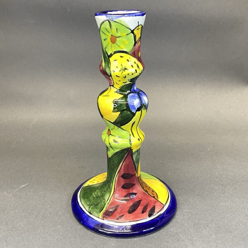 Vintage Mexican Art Pottery Talavera Hand Painted Single Candlestick 7.75″ Tall