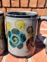 Hand Painted Mexican Pottery Mugs Sage Green With Floral Design Set of 4