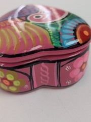 Vintage Mexican Pottery Heart Box Hand Painted Floral Bird Jewelry Dish