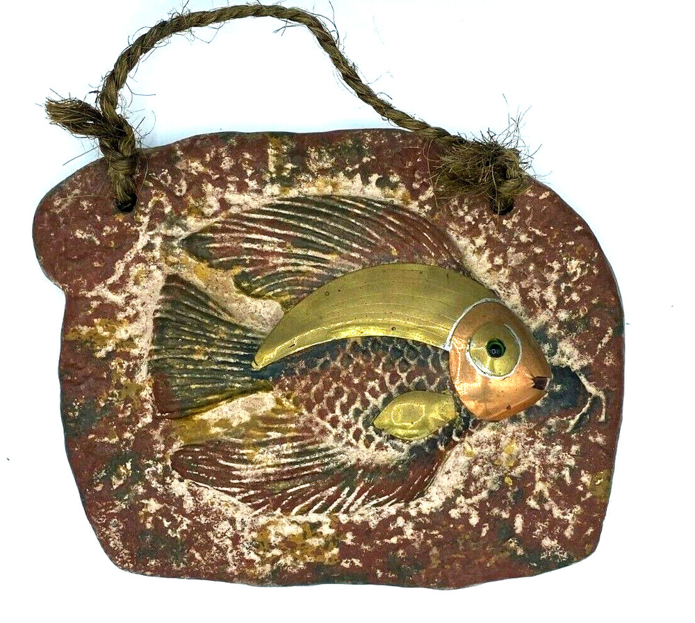 Hand Made 3D Fish Clay Plaque Wall Art Brass Copper Metal Mexico Water Hanging