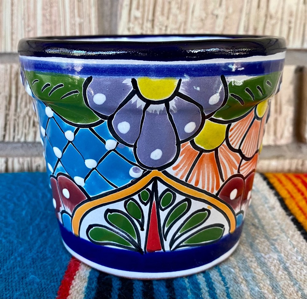 Lg Mexican Ceramic Flower Pot Planter Folk Art Pottery Handmade Talavera #17
