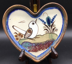 Tonala heart shape art pottery trinket dish white bird signed Ken Edwards Mexico