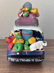 Vintage Mexican Folk Art Clay Sculpture Of Overloaded Car Marked “Pro Vallarta”