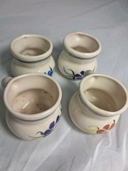 Hand Painted Mexican Art Miniature Clay Pitchers Mugs Set Of 4 Mexico Vintage