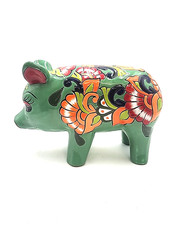 Mexican Folk Art Talavera Pig Pottery Figure Hand Painted Green Multi Color 13×9