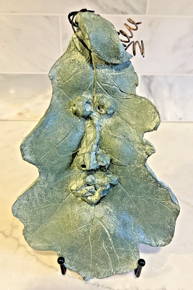 Studio Pottery Green Man Face Leaf Wall Hanging Folk Art Garden Decor Signed CM