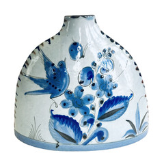 Ceramic Vase 8″ Bird Butterfly Flowers MCM Blue Mid-Century Mexican Garden Art