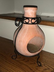 Mexico Talavera Terra Cotta Pottery Table Top Chiminea with Metal Stand RARE❤️tb