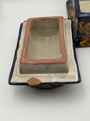 Vintage Mexican Folk Art Pottery Lidded Box Hand Painted Blue Floral Ceramic