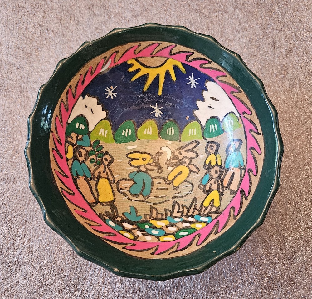 Mexican Pottery Folk Art Story Bowl 5.5″ Round 2″ Tall