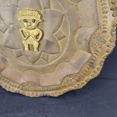 Vintage Brass Aztec Mayan Charger Tray Wall Art Plate With 3D Figure 15.5″ Dia
