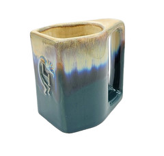 Signed Vintage Mexican Pottery Padilla Kokopelli Flat Mug Drip Glaze Green Blue