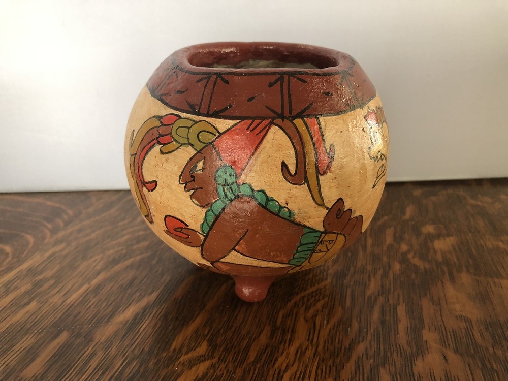 Vtg Mayan Aztec Mexican Clay Pottery Pot Bowl Footed Tribal Primitive Folk Art