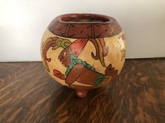 Vtg Mayan Aztec Mexican Clay Pottery Pot Bowl Footed Tribal Primitive Folk Art