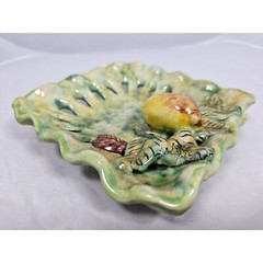 Mexican Majolica Green 3D Folk Art Wall Pottery Mellado Gto Lemon Fruit Wavy