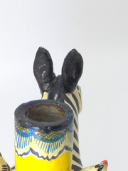 Vintage Mexican Folk Art Candle Holder Handmade Zebra Birds Clay Pottery Large
