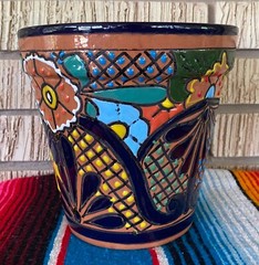 Lg MEXICAN TALAVERA Folk Art POTTERY FLOWER POT PLANTER CERAMIC #1