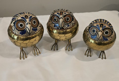 Brass Mexican Pottery Owls Set of 3 Signed Artist Alexander Blazquez MCM