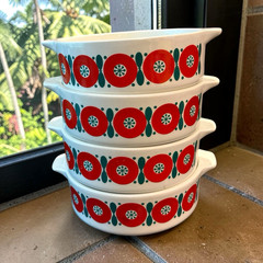 Vtg 1970s Hand Painted Mexican Pottery ANFORA Set of 4 Handled Soup Bowls Modern