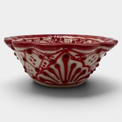 Vintage AIBA Mexico Red Hand Painted Pottery Bowl Scalloped Floral 5.25”