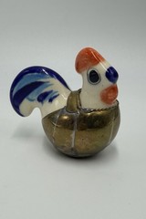 Vintage Mexican Tonala Pottery Rooster Ceramic Hand Painted Blue W Brass Armour