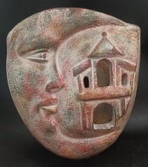 Vintage Terra Cotta Folk Art “Luna Y Casa”, Hand-Thrown Organic Modern Pocket