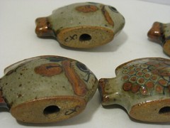 5 Vintage Fish Figurines Folk Art Pottery Hand Painted Gray Green MM