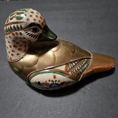 Vintage Tonala Pottery/Brass Hand Painted Mexican Folk Art Duck Figurine.