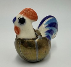 Vintage Mexican Tonala Pottery Rooster Ceramic Hand Painted Blue W Brass Armour
