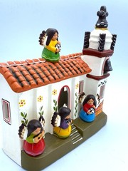 Mexican Handmade Pottery Mission With Music Angels and Church Bells/Tealight