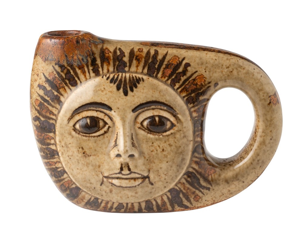 VILLANUEVA SUN FACE SIGNED MEXICO POTTERY SINGLE CANDLE HOLDER VASE
