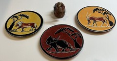 Set Of 3 Mexican Folk Art Animal Pottery Plates 4″ Round & Clay Cow with Bell