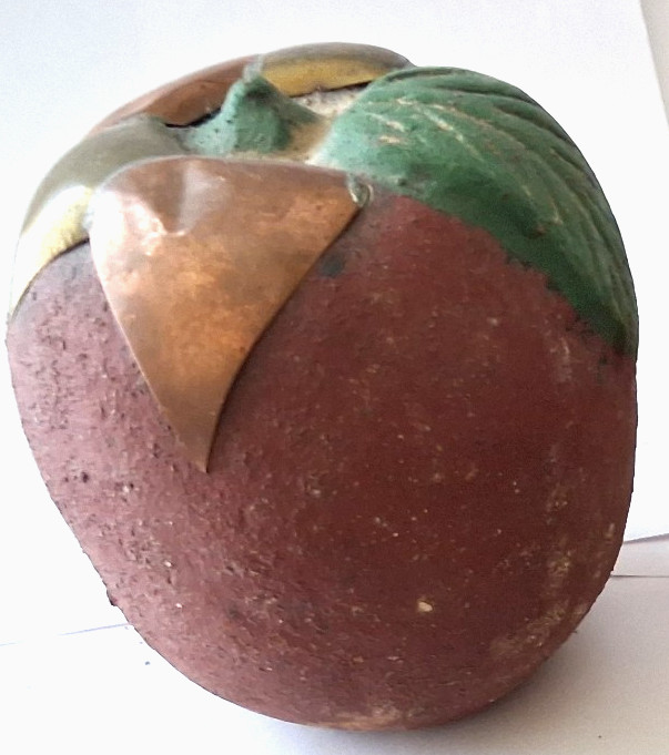Mexico Burnished Clay Fruit Apple Figurine Terracotta Brass Copper Inlay 70s VTG