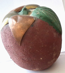 Mexico Burnished Clay Fruit Apple Figurine Terracotta Brass Copper Inlay 70s VTG