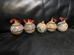 5 Mexico Tonala Pottery Christmas Ornament Signed Jimon Floral Design 3.75″