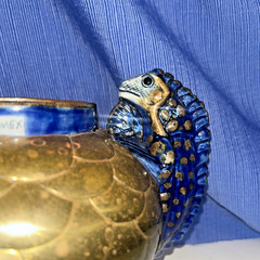 Sergio Bustamente Style Mexico Art Pottery Brass Scales Iguana Handle Vase
