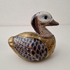 Vintage Mexican Tonala Pottery & Brass Duck Bird Handpaint Sculpture 7″ x 6″