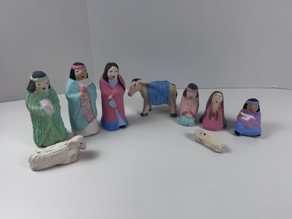 Mexican Nativity Set Folk Art Handmade Hand painted Clay Unknown Artist