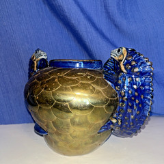 Sergio Bustamente Style Mexico Art Pottery Brass Scales Iguana Handle Vase
