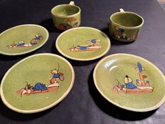 Lot Vintage 1940s Green Mexican Tlaquepaque Tonala Cups Saucer Plates Redware